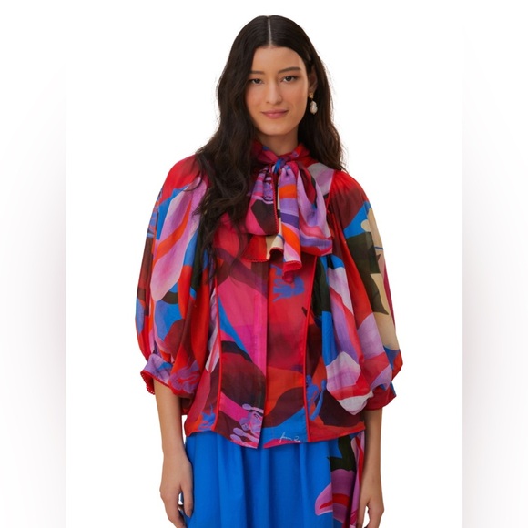 Farm Rio Watercolor Floral 3/4 Balloon Sleeve Blouse Button-Down Top Size Small - Picture 1 of 13